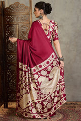 Stunning Wine Digital Printed Satin Silk Saree With Pleasurable Blouse Piece