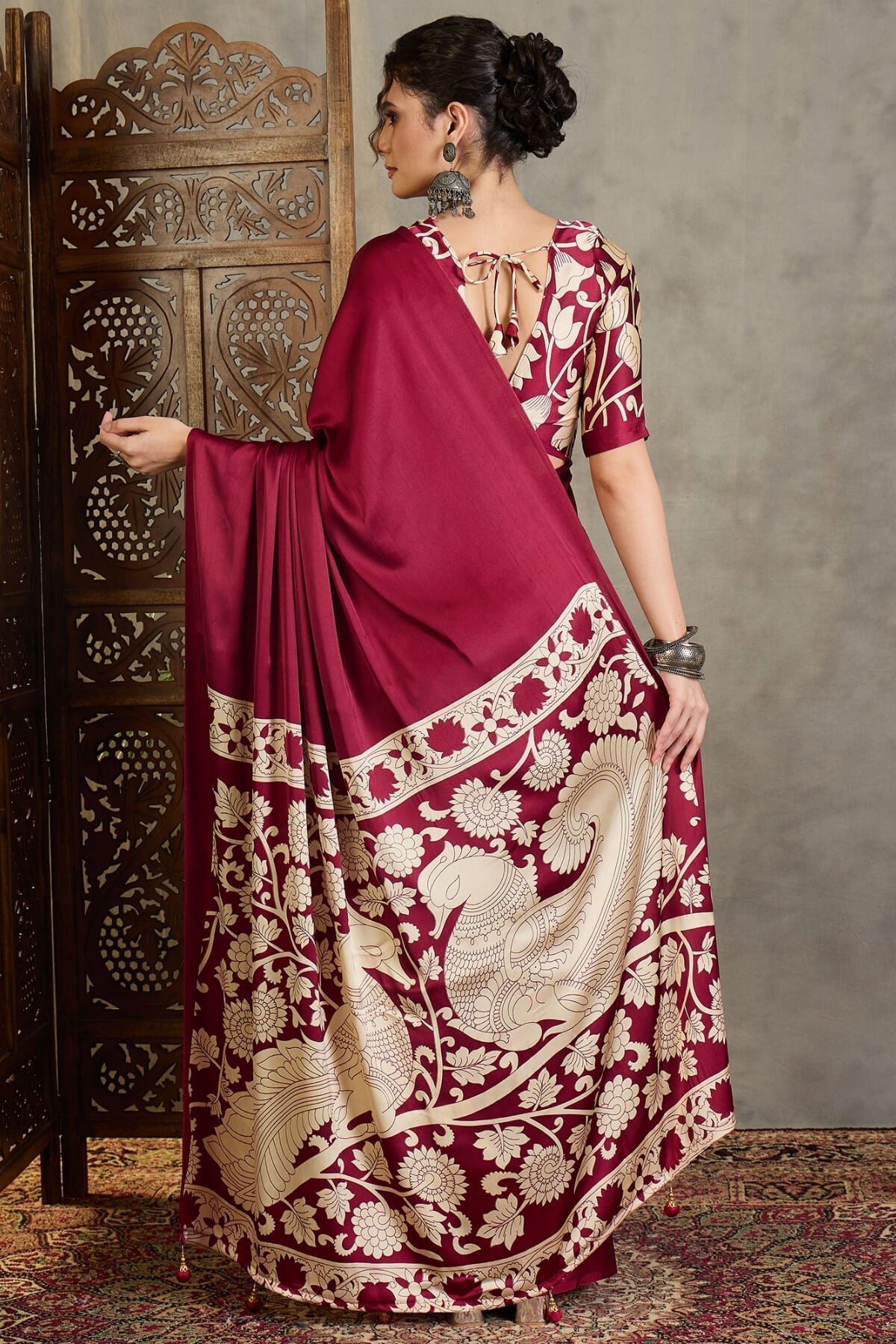 Stunning Wine Digital Printed Satin Silk Saree With Pleasurable Blouse Piece