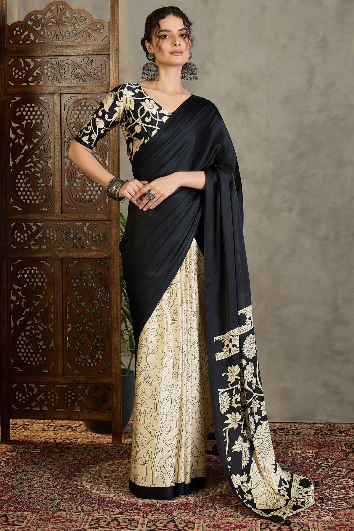 Amiable Black Digital Printed Satin Silk Saree With Confounding Blouse Piece