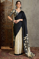 Amiable Black Digital Printed Satin Silk Saree With Confounding Blouse Piece