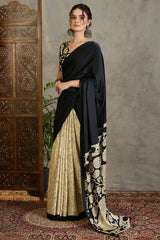 Amiable Black Digital Printed Satin Silk Saree With Confounding Blouse Piece
