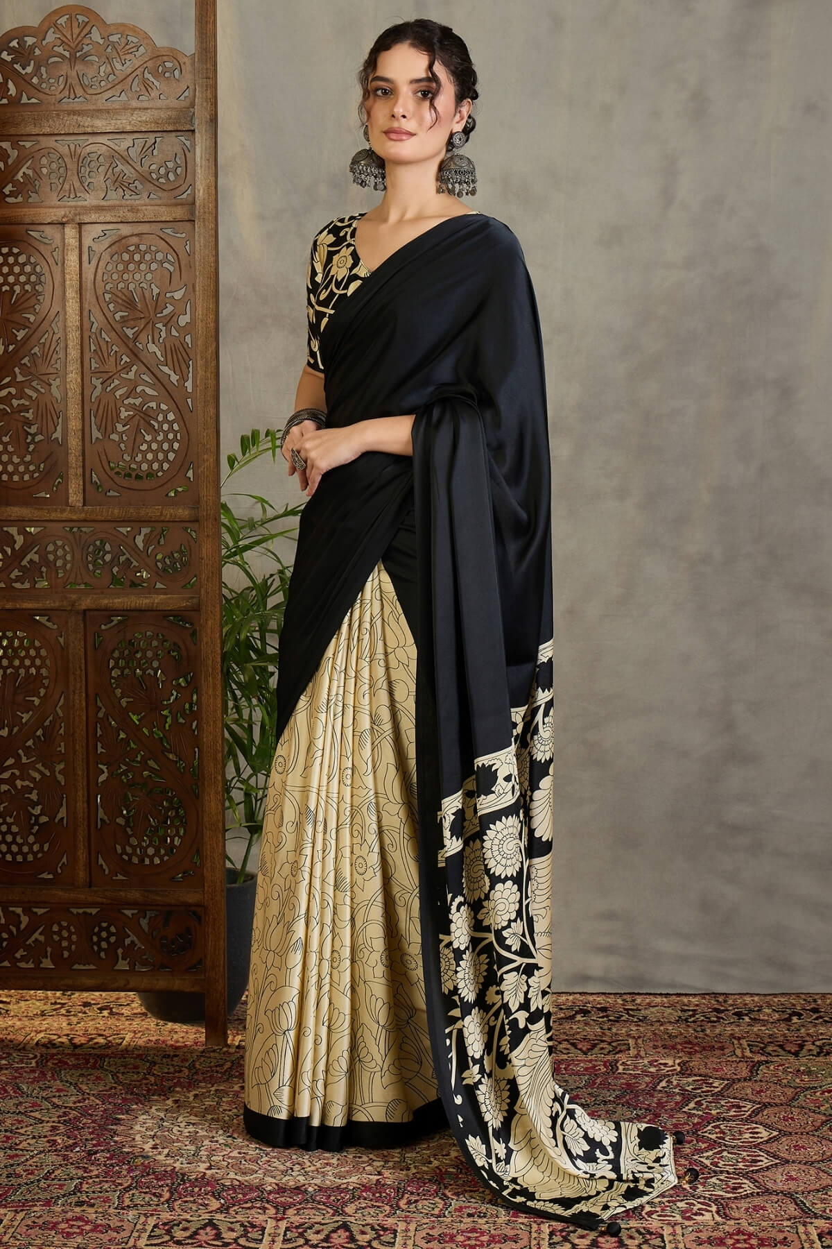 Amiable Black Digital Printed Satin Silk Saree With Confounding Blouse Piece