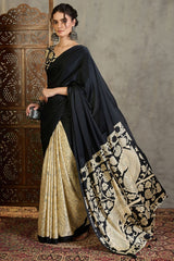 Amiable Black Digital Printed Satin Silk Saree With Confounding Blouse Piece