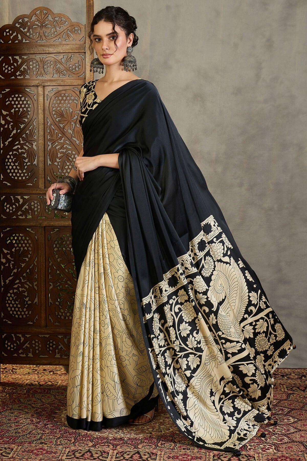 Amiable Black Digital Printed Satin Silk Saree With Confounding Blouse Piece