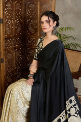 Amiable Black Digital Printed Satin Silk Saree With Confounding Blouse Piece