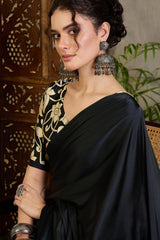 Amiable Black Digital Printed Satin Silk Saree With Confounding Blouse Piece