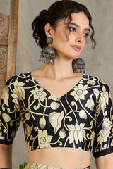 Amiable Black Digital Printed Satin Silk Saree With Confounding Blouse Piece