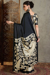 Amiable Black Digital Printed Satin Silk Saree With Confounding Blouse Piece