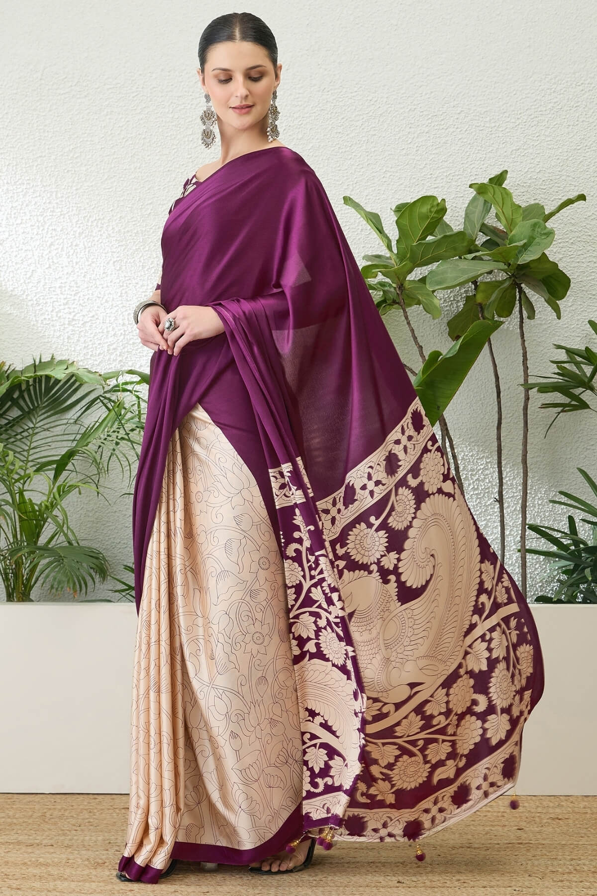 Groovy Purple Digital Printed Satin Silk Saree With Traditional Blouse Piece