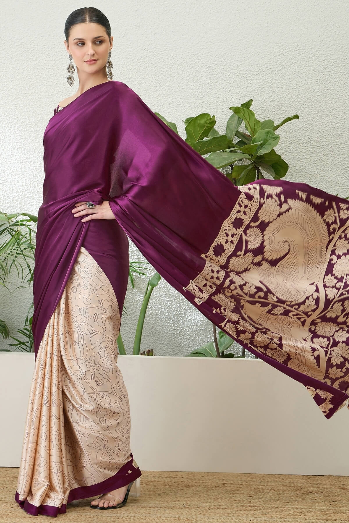Groovy Purple Digital Printed Satin Silk Saree With Traditional Blouse Piece