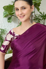 Groovy Purple Digital Printed Satin Silk Saree With Traditional Blouse Piece