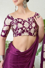 Groovy Purple Digital Printed Satin Silk Saree With Traditional Blouse Piece