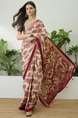 Winsome Wine Kalamkari Printed Satin Silk Saree With Resonant Blouse Piece