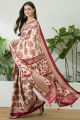 Winsome Wine Kalamkari Printed Satin Silk Saree With Resonant Blouse Piece