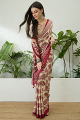 Winsome Wine Kalamkari Printed Satin Silk Saree With Resonant Blouse Piece