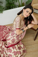 Winsome Wine Kalamkari Printed Satin Silk Saree With Resonant Blouse Piece