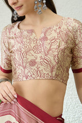 Winsome Wine Kalamkari Printed Satin Silk Saree With Resonant Blouse Piece