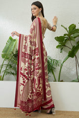 Winsome Wine Kalamkari Printed Satin Silk Saree With Resonant Blouse Piece