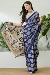 Entrancing Navy Blue Kalamkari Printed Satin Silk Saree With Efflorescence Blouse Piece