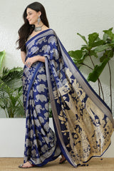 Entrancing Navy Blue Kalamkari Printed Satin Silk Saree With Efflorescence Blouse Piece