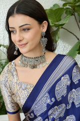 Entrancing Navy Blue Kalamkari Printed Satin Silk Saree With Efflorescence Blouse Piece