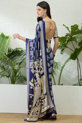 Entrancing Navy Blue Kalamkari Printed Satin Silk Saree With Efflorescence Blouse Piece