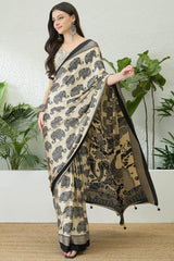 Blooming Beige Kalamkari Printed Satin Silk Saree With Symmetrical Blouse Piece