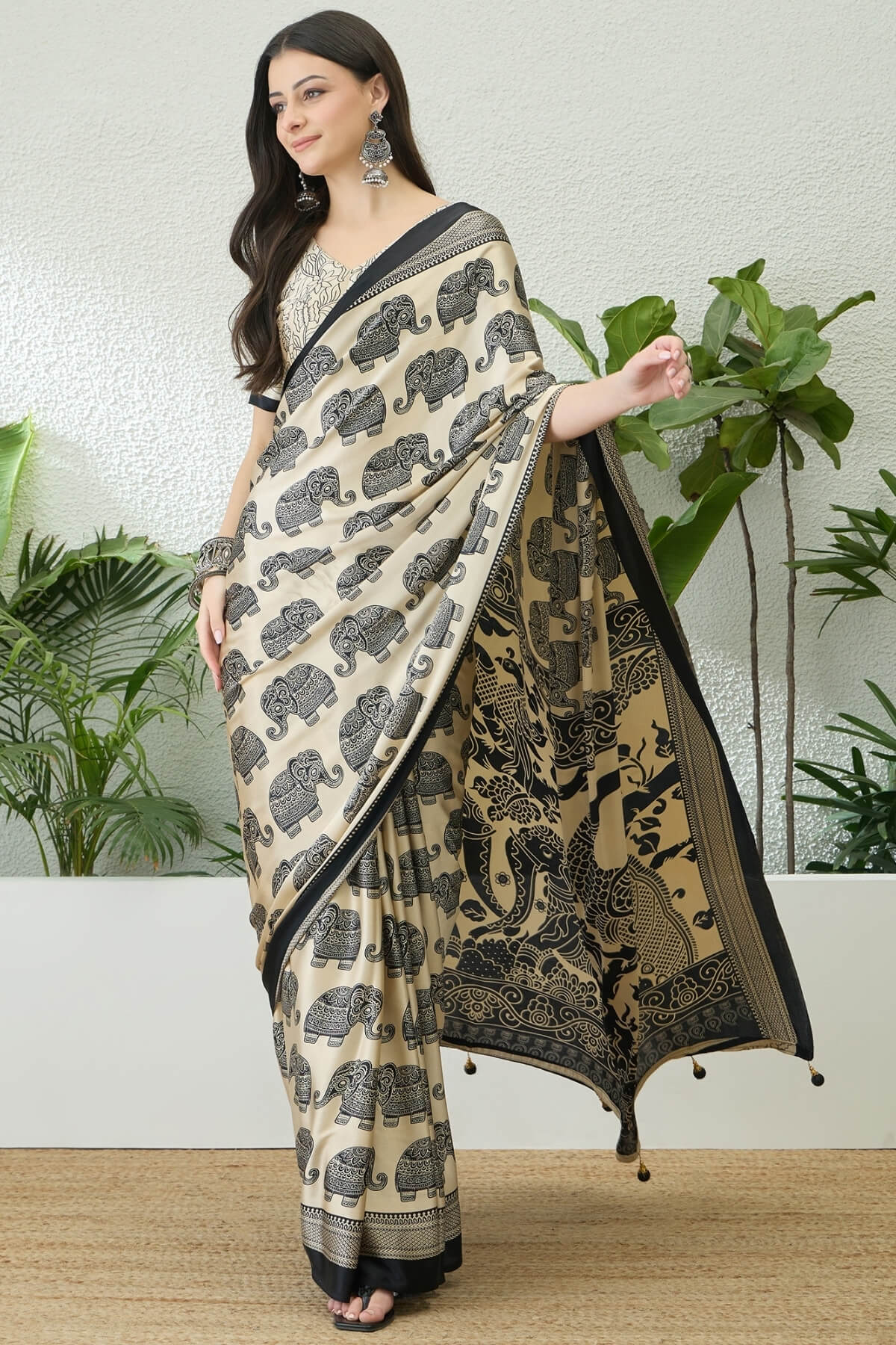 Blooming Beige Kalamkari Printed Satin Silk Saree With Symmetrical Blouse Piece