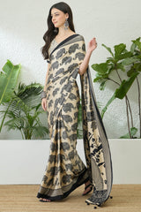 Blooming Beige Kalamkari Printed Satin Silk Saree With Symmetrical Blouse Piece