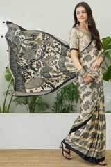 Blooming Beige Kalamkari Printed Satin Silk Saree With Symmetrical Blouse Piece