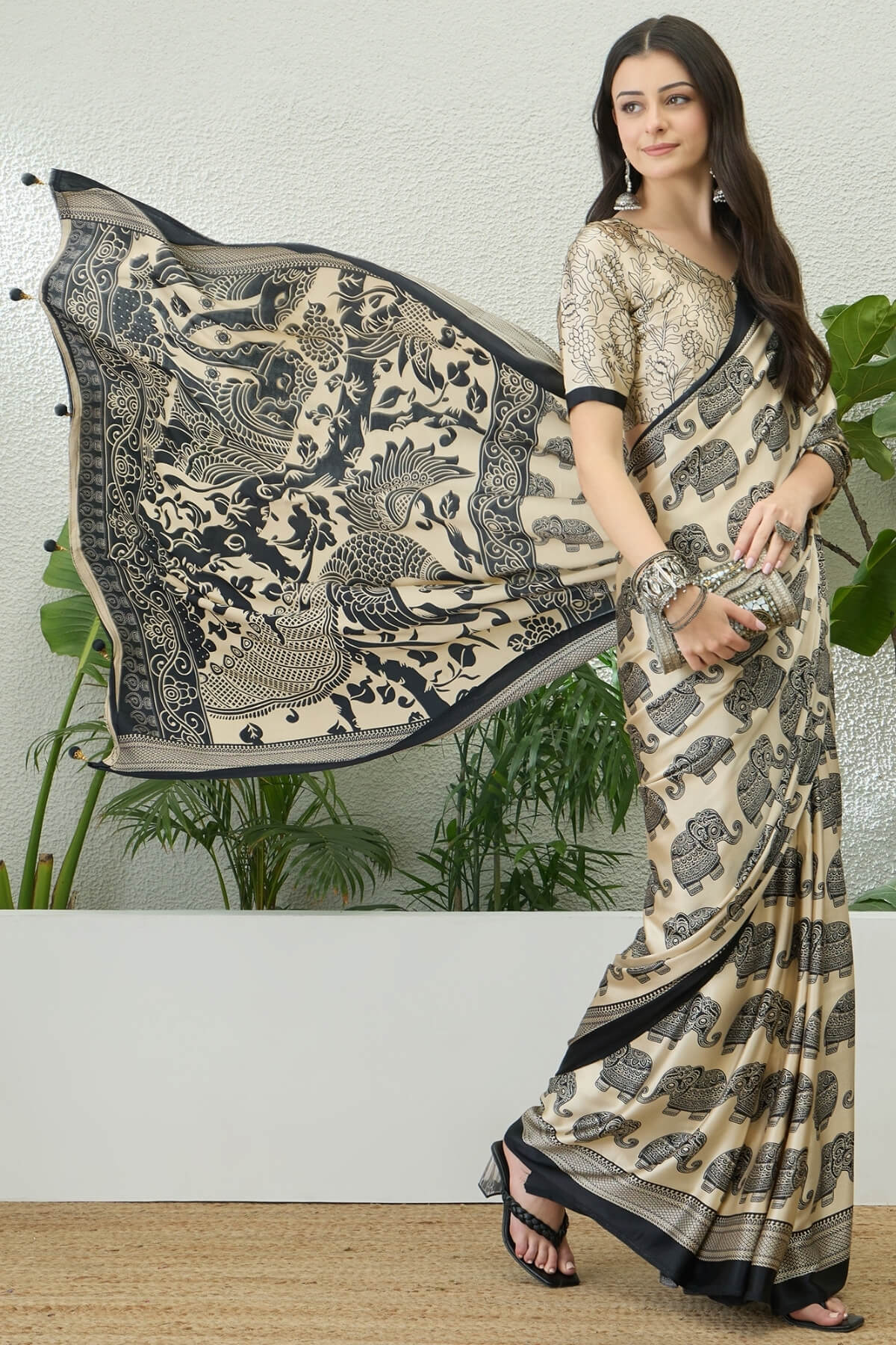 Blooming Beige Kalamkari Printed Satin Silk Saree With Symmetrical Blouse Piece