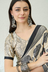 Blooming Beige Kalamkari Printed Satin Silk Saree With Symmetrical Blouse Piece