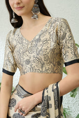 Blooming Beige Kalamkari Printed Satin Silk Saree With Symmetrical Blouse Piece