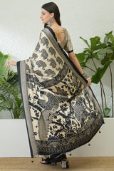 Blooming Beige Kalamkari Printed Satin Silk Saree With Symmetrical Blouse Piece