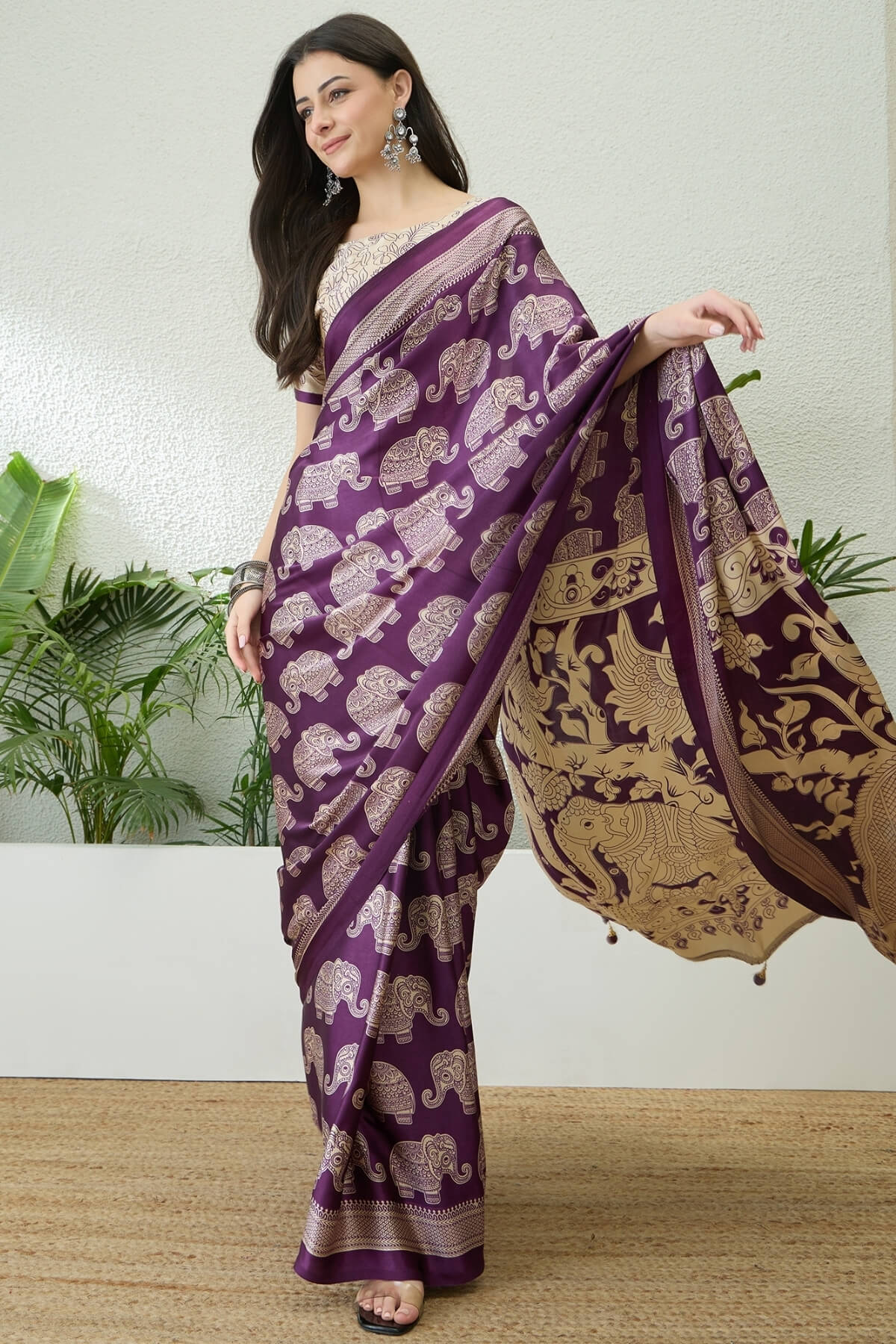 Panache Purple Kalamkari Printed Satin Silk Saree With Denouement Blouse Piece