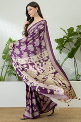 Panache Purple Kalamkari Printed Satin Silk Saree With Denouement Blouse Piece