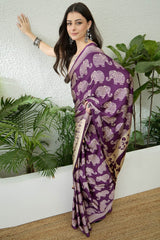 Panache Purple Kalamkari Printed Satin Silk Saree With Denouement Blouse Piece