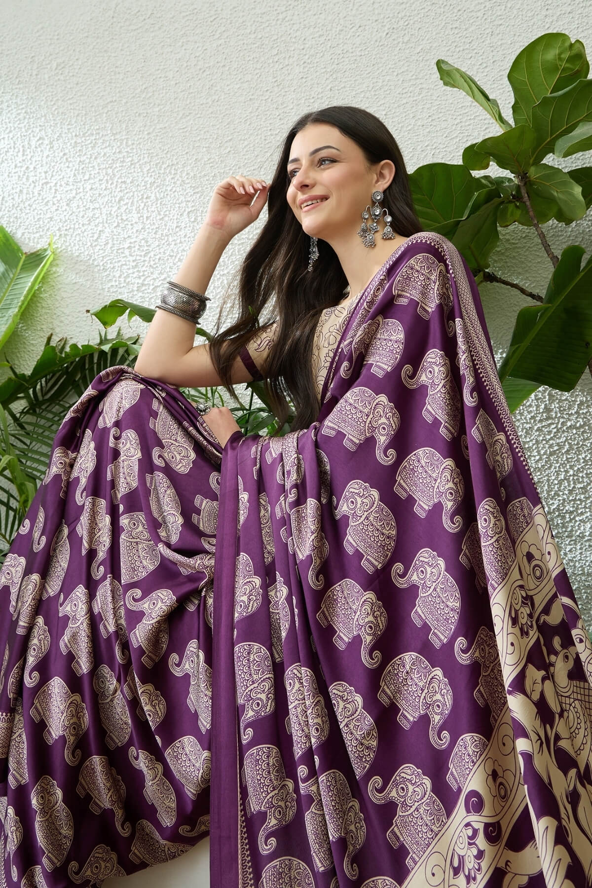 Panache Purple Kalamkari Printed Satin Silk Saree With Denouement Blouse Piece