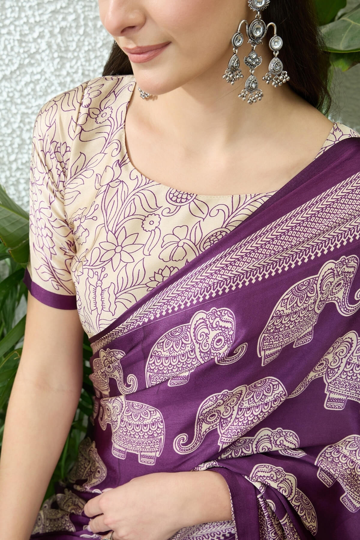 Panache Purple Kalamkari Printed Satin Silk Saree With Denouement Blouse Piece