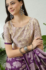 Panache Purple Kalamkari Printed Satin Silk Saree With Denouement Blouse Piece