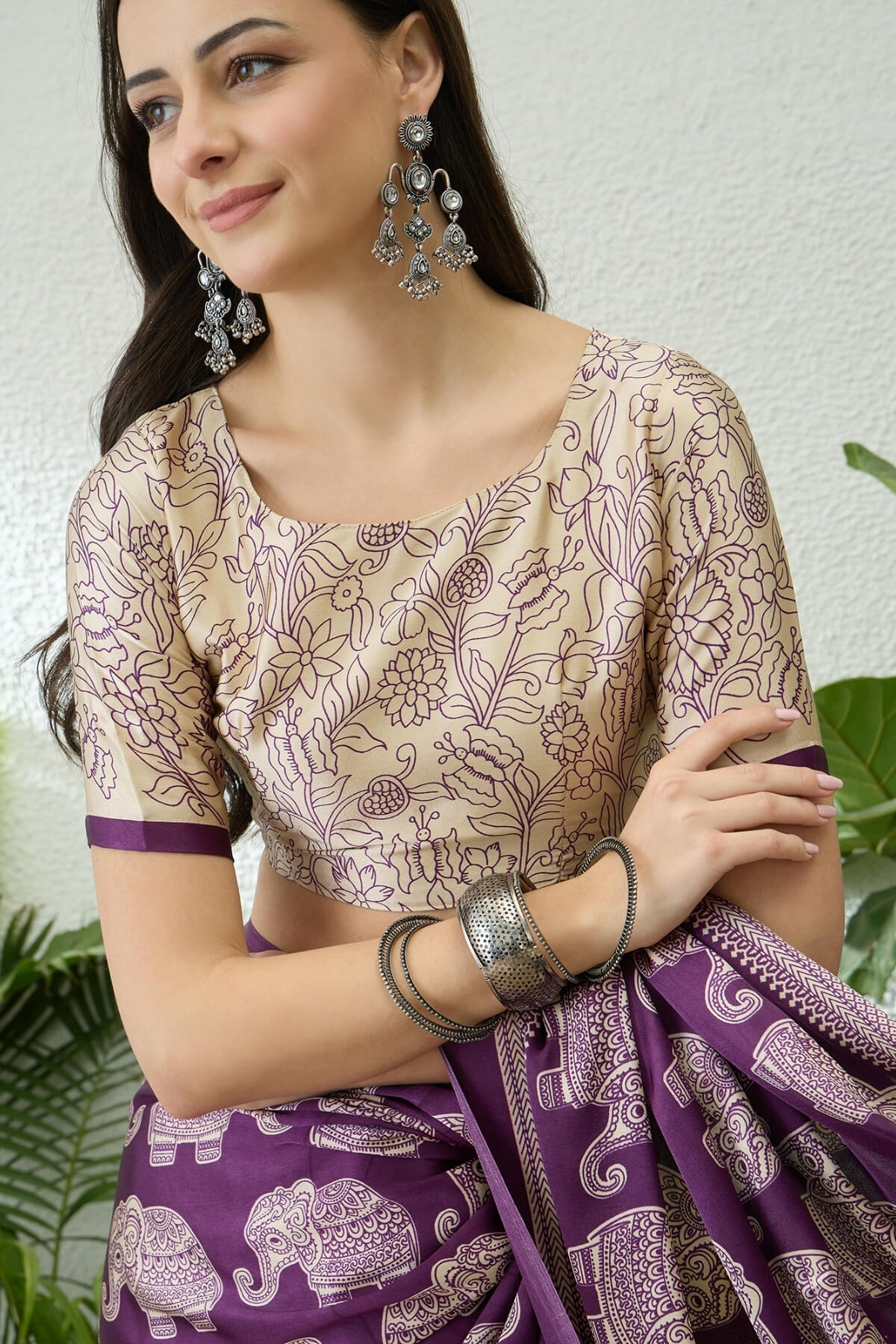 Panache Purple Kalamkari Printed Satin Silk Saree With Denouement Blouse Piece