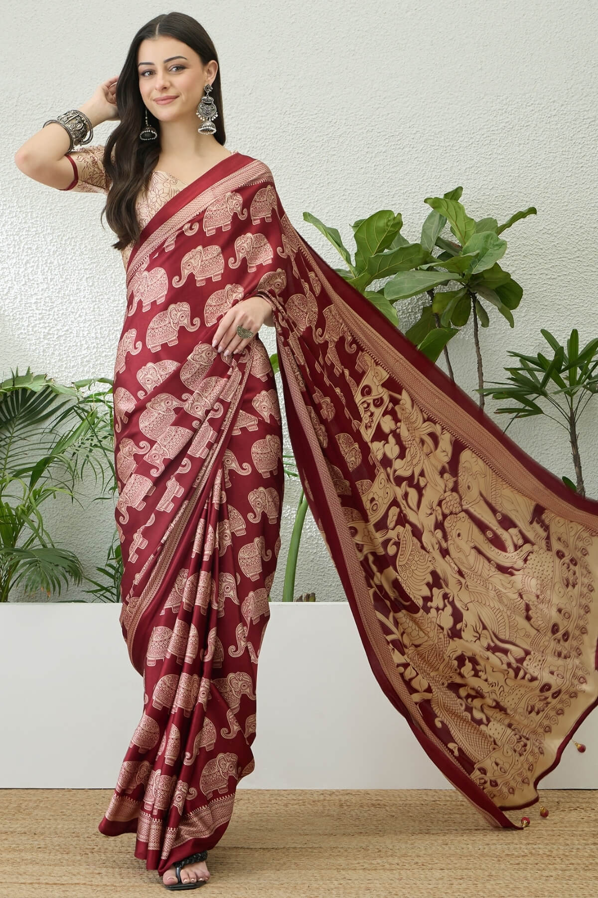 Divine Maroon Kalamkari Printed Satin Silk Saree With Desirable Blouse Piece