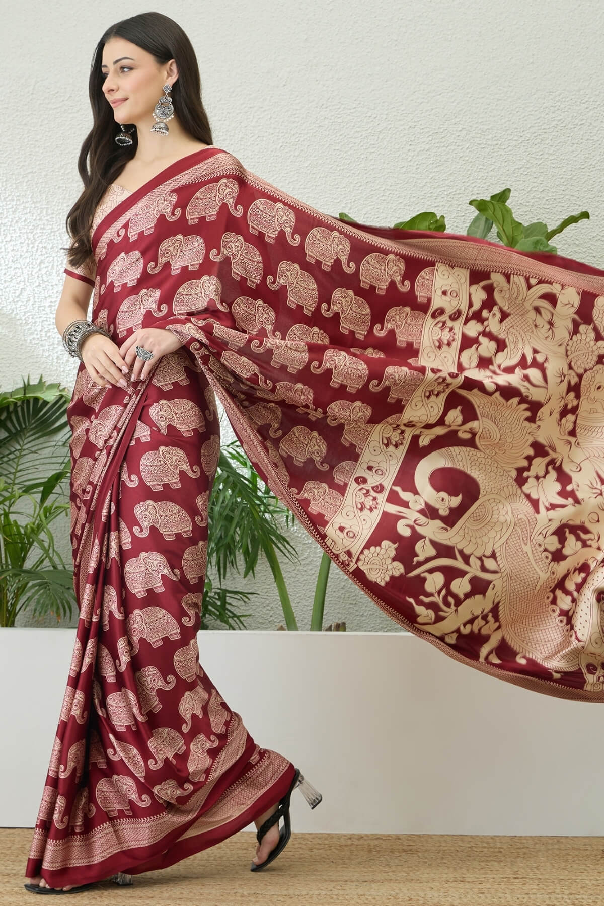 Divine Maroon Kalamkari Printed Satin Silk Saree With Desirable Blouse Piece