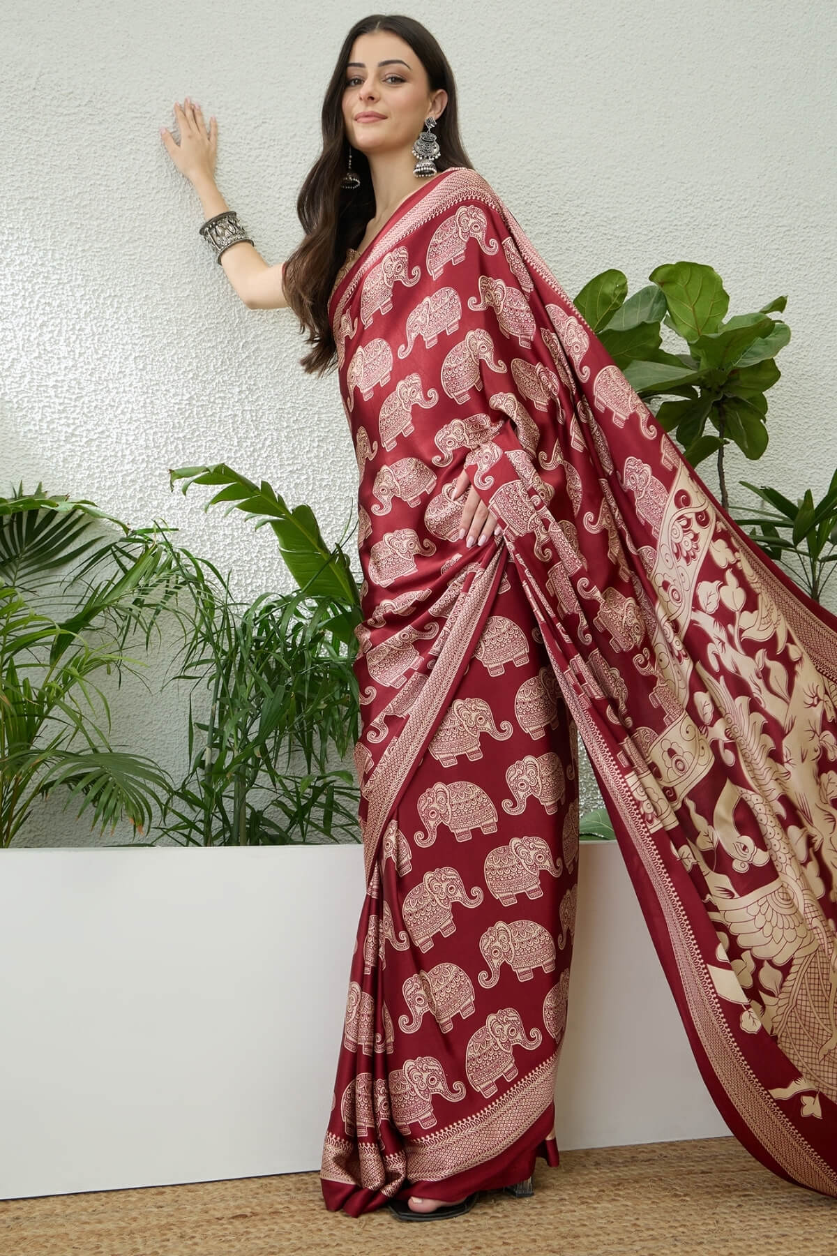 Divine Maroon Kalamkari Printed Satin Silk Saree With Desirable Blouse Piece