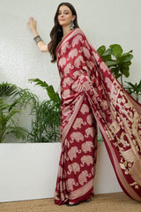 Divine Maroon Kalamkari Printed Satin Silk Saree With Desirable Blouse Piece