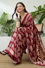 Divine Maroon Kalamkari Printed Satin Silk Saree With Desirable Blouse Piece