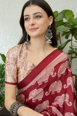 Divine Maroon Kalamkari Printed Satin Silk Saree With Desirable Blouse Piece