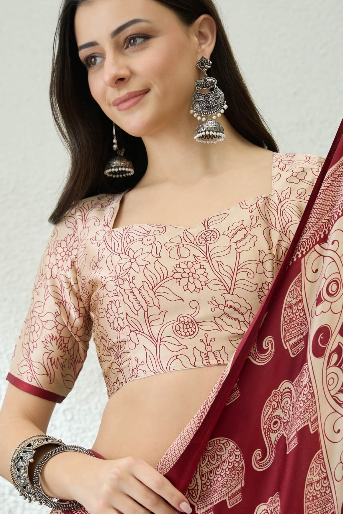Divine Maroon Kalamkari Printed Satin Silk Saree With Desirable Blouse Piece