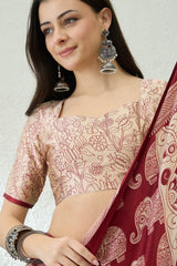 Divine Maroon Kalamkari Printed Satin Silk Saree With Desirable Blouse Piece