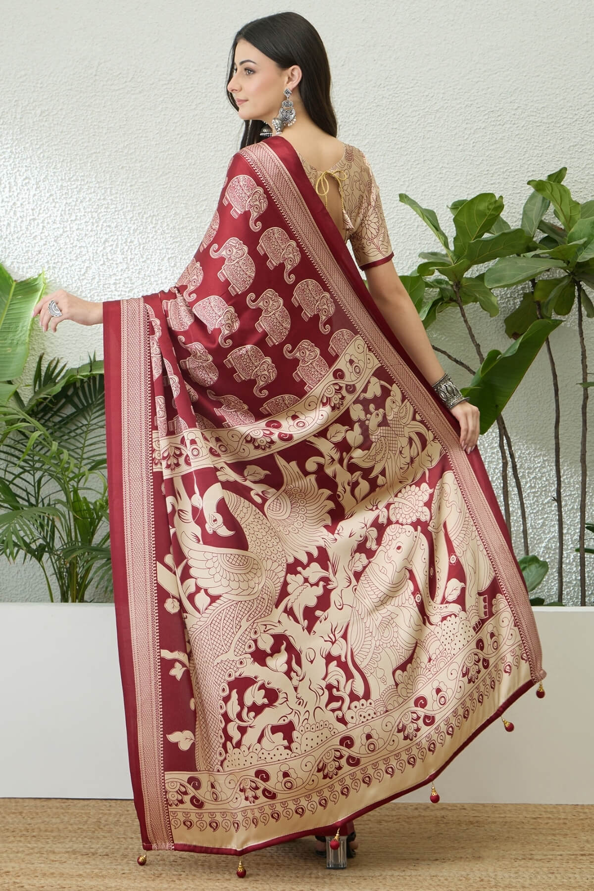 Divine Maroon Kalamkari Printed Satin Silk Saree With Desirable Blouse Piece